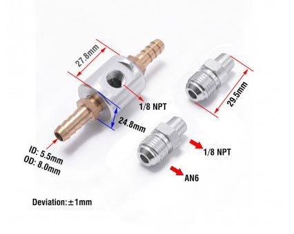 картинка Тройник под шланг топливной магистрали 8 мм + 2 фитинга AN6 магазин  StreetTuning 