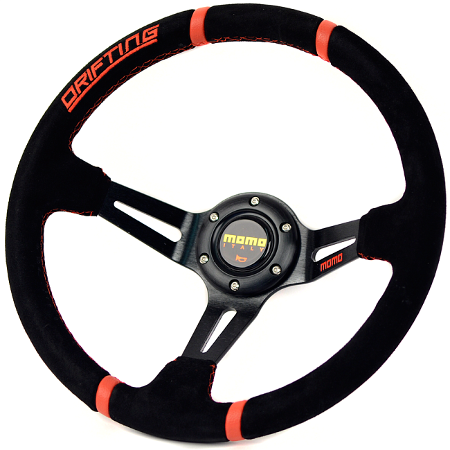 картинка Спортивный руль MOMO Style, замшевый с красными вставками магазин  StreetTuning 