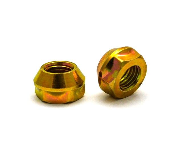 картинка Гайка Starleks 1/2-20, конус, высота 12.9 мм, ключ 19 мм, открытая, желтый цинк магазин  StreetTuning 