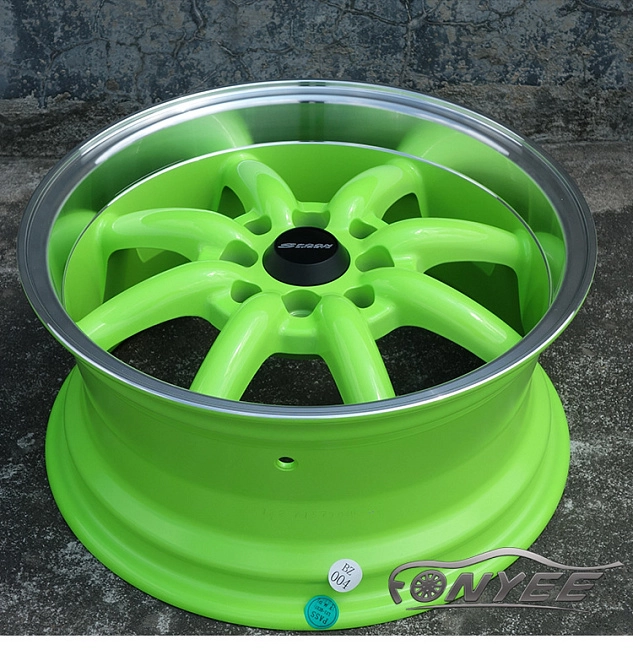 картинка Новые диски Spoon R15 J7 ET+35 4x100-114,3 зеленый + полированная полка магазин  StreetTuning 