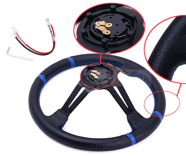 картинка Спортивный руль MOMO Style, кожаный с синими вставками магазин  StreetTuning 