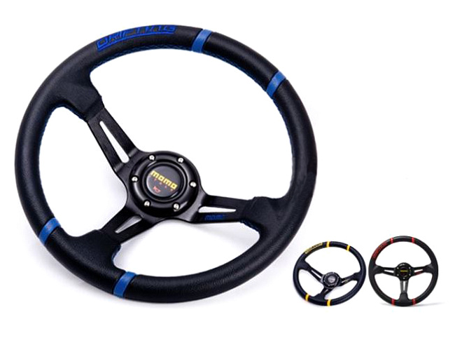 картинка Спортивный руль MOMO Style, кожаный с синими вставками магазин  StreetTuning 