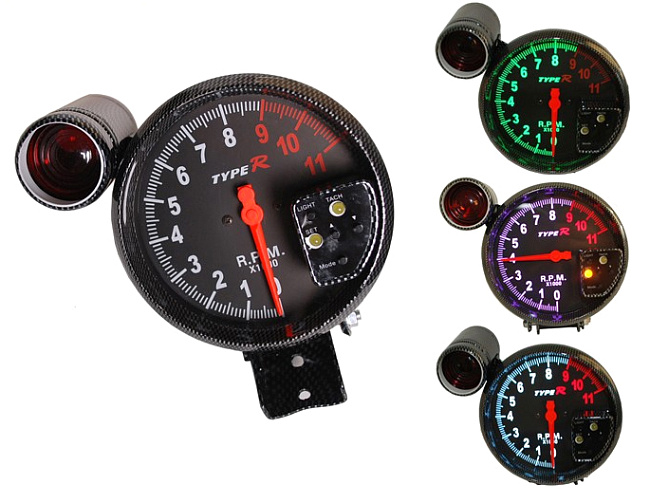 картинка Тахометр Type-R с шифт лампой 5-юймов, черный под карбон магазин  StreetTuning 
