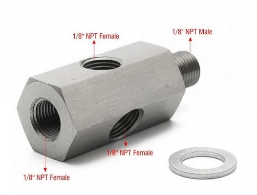 картинка Адаптер под сенсор температуры/давления масла, резьба - папа 1/8 NTP, мама 1/8 NTP, мама 1/8 NTP, мама 1/8 NTP магазин  StreetTuning 